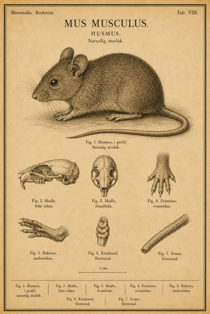 Vintage fältguide-plansch i sepia gravyrstil av en husmus (Mus musculus) i helfigur från sidan, med detaljteckningar av skalle, fram- och baktass, kindtand och svans samt måttskala.