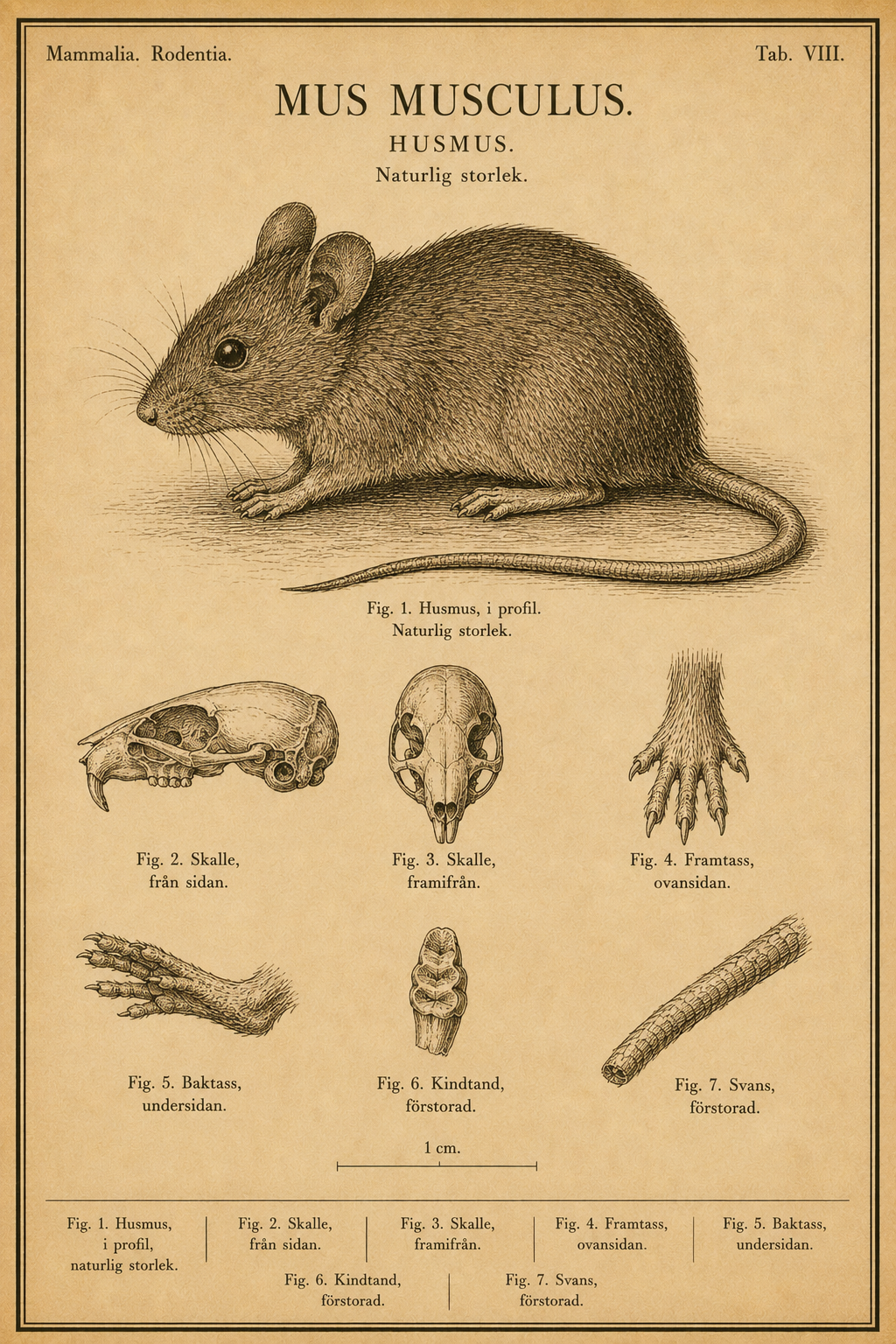 Vintage fältguide-plansch i sepia gravyrstil av en husmus (Mus musculus) i helfigur från sidan, med detaljteckningar av skalle, fram- och baktass, kindtand och svans samt måttskala.