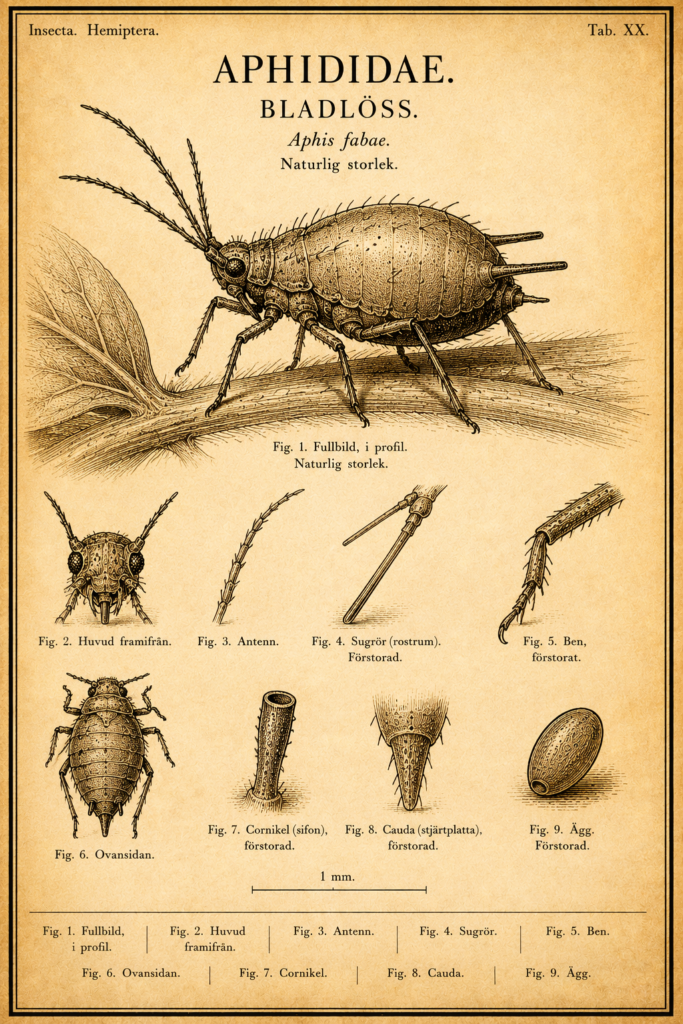Vintage fältguide-plansch i sepia gravyrstil av en bladlus (Aphis fabae) sedd i profil på en växtstjälk, med förstorade detaljer av antenn, sugrör, cornikler, cauda och ägg samt måttskala.