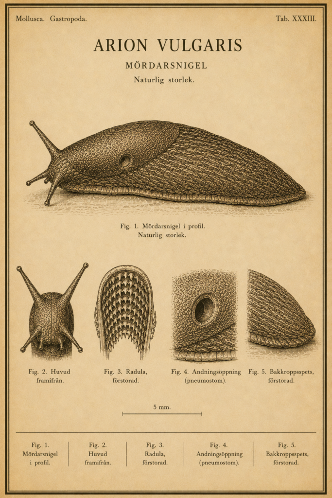 Vintage fältguide-plansch i sepia gravyrstil av en mördarsnigel (Arion vulgaris) i helfigur från sidan, med förstorade detaljer av huvud framifrån, radula, andningsöppning (pneumostom) och bakkroppsspets samt måttskala.