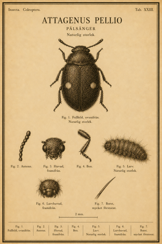 Vintage fältguide-plansch i sepia gravyrstil av en pälsänger (Attagenus pellio) sedd ovanifrån, med förstorade detaljer av antenn, huvud, ben, larv, larvhuvud och borst samt måttskala.