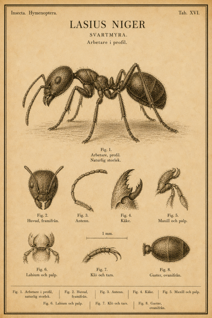 Vintage fältguide-plansch i sepia gravyrstil av en svartmyra (Lasius niger), arbetare i profil, med förstorade detaljer av huvud, antenn, käke, gaster och tarsklor samt måttskala.