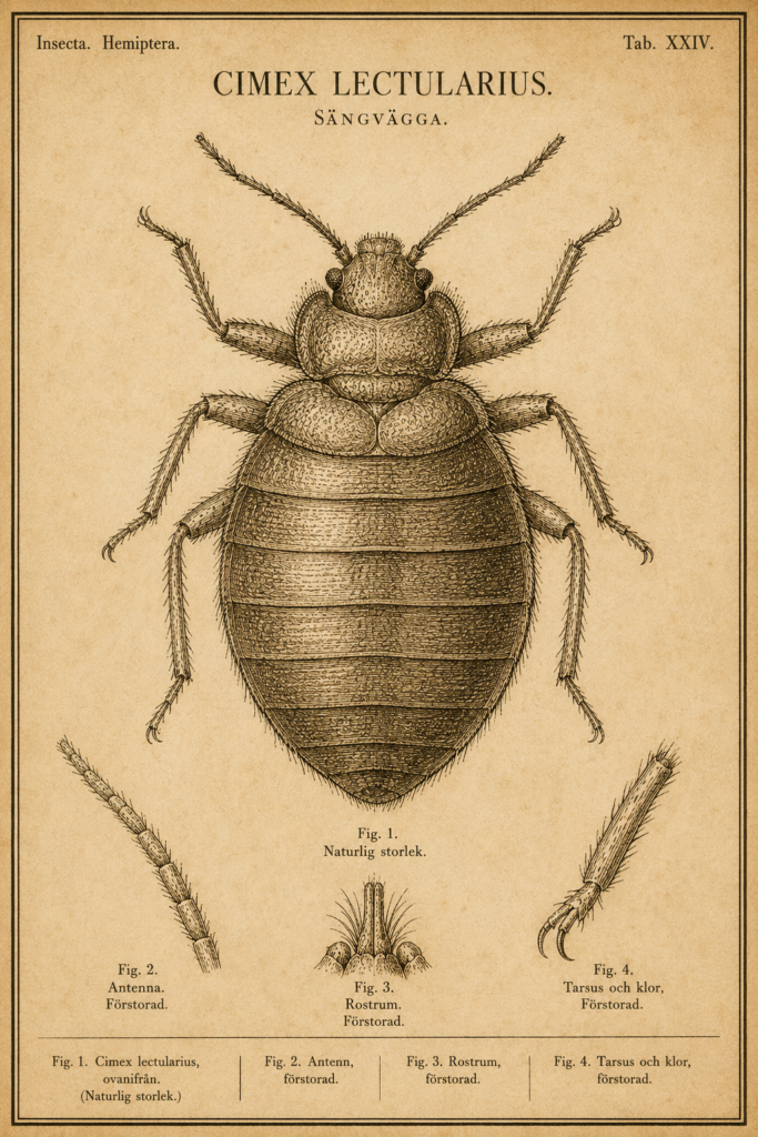 Vintage fältguide-plansch i sepia gravyrstil av en vägglus (Cimex lectularius) sedd ovanifrån, med förstorade detaljer av antenn, sugsnabel (rostrum) och tarsklor samt måttskala.