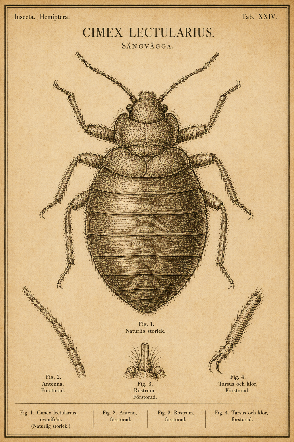 Vintage fältguide-plansch i sepia gravyrstil av en vägglus (Cimex lectularius) sedd ovanifrån, med förstorade detaljer av antenn, sugsnabel (rostrum) och tarsklor samt måttskala.